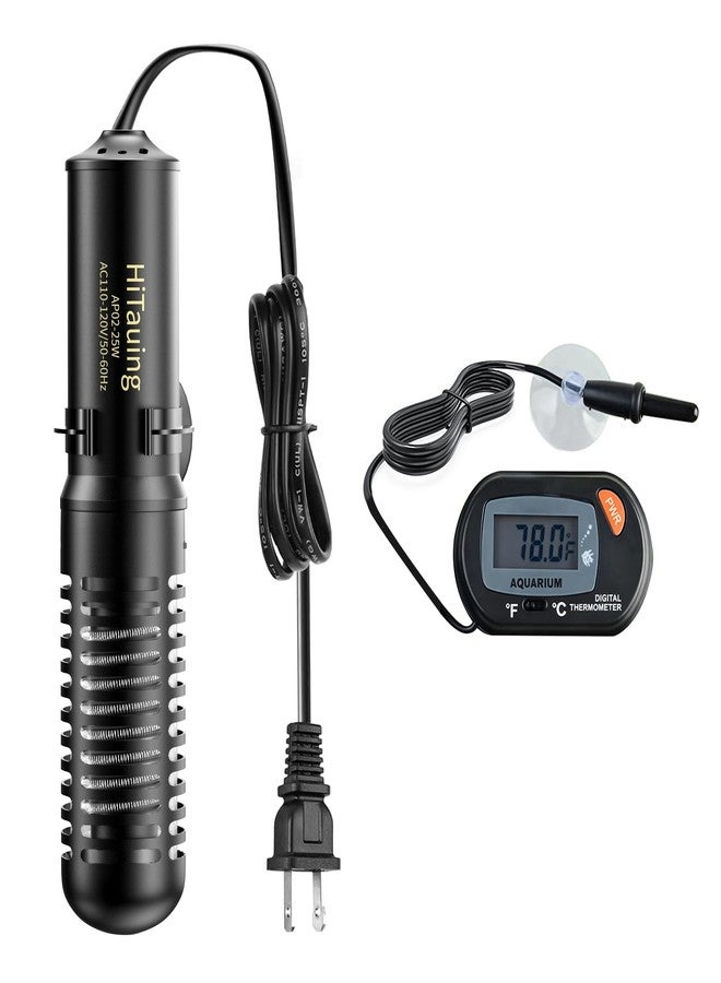 HiTauing Small Aquarium Heater 25W, Constant Temperature 78℉ Fish Tank Heater with Digital Thermometer, Submersible Betta/Turtle Tank Heater for Freshwater and Saltwater Tanks - Image 1